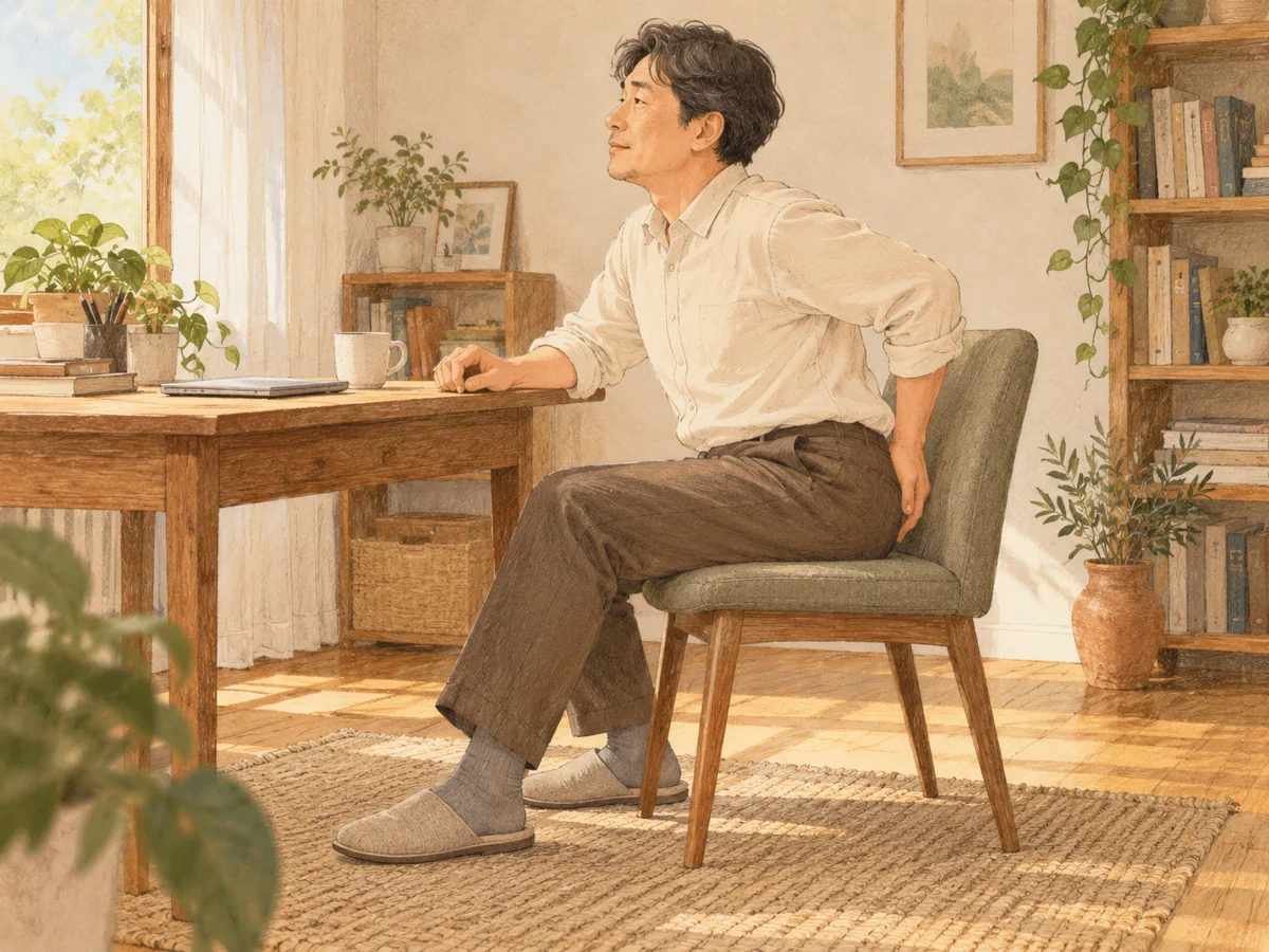 책상에 앉아 엉덩이의 불편함 때문에 자세를 바꾸는 생활 장면