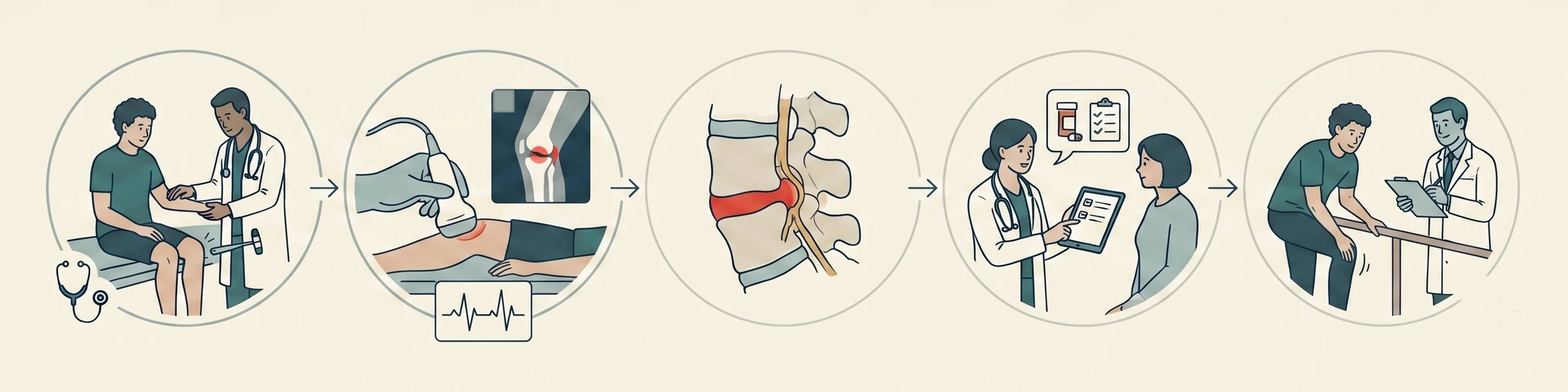 진찰, 초음파와 영상 검사, 원인 확인, 환자 설명과 치료 계획, 기능 회복으로 이어지는 진료 과정 다섯 단계를 순서대로 보여주는 일러스트레이션