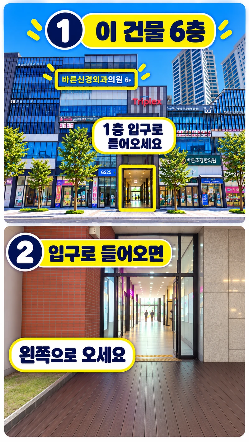 바른신경외과가 있는 LK트리플렉스 A동 건물의 1층 출입구와 들어가는 방향을 표시한 사진 안내